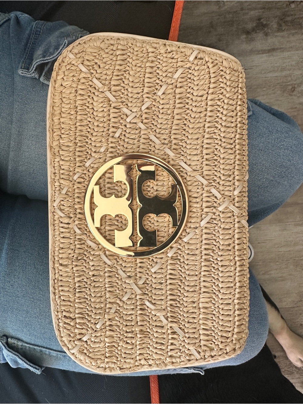 Tory Burch Natural Straw Crossbody with Gold Logo Medallion